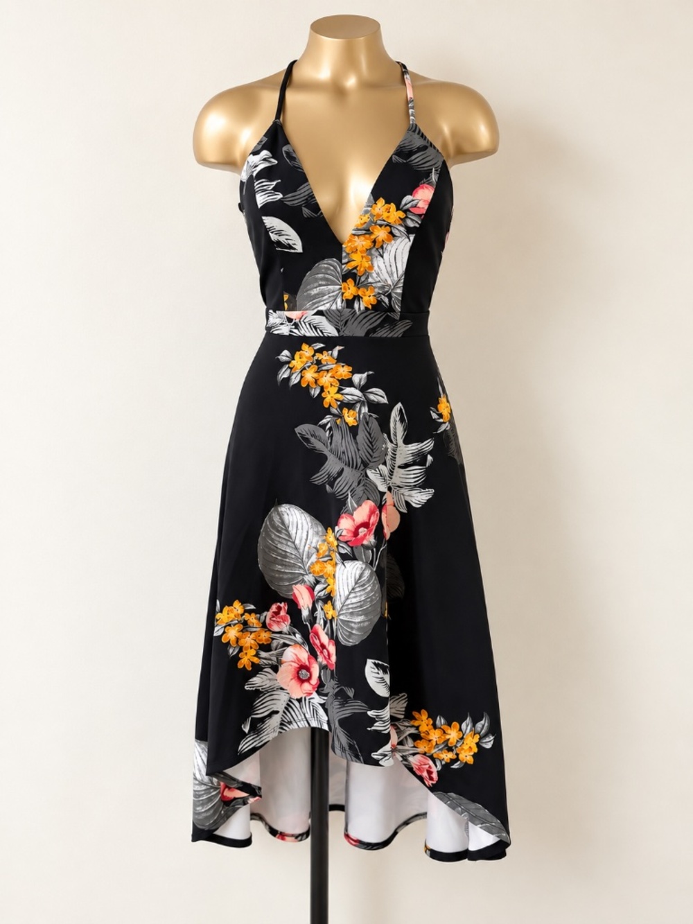Charlotte Russe Black Floral High-Low Dress Lace Open Back Size Small